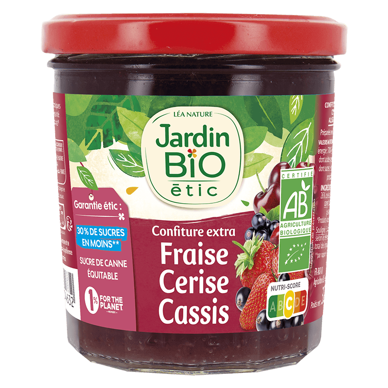 Organic strawberry, cherry and blackcurrant extra jam