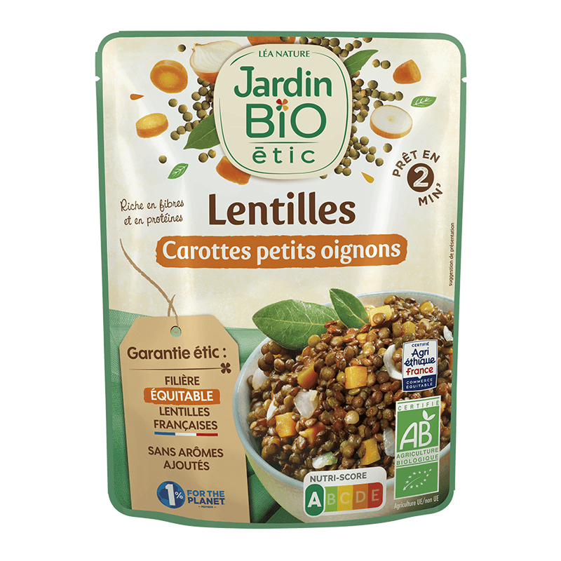 Organic green lentils in a pouch
