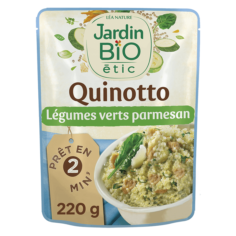 Organic green vegetable quinotto with Parmesan