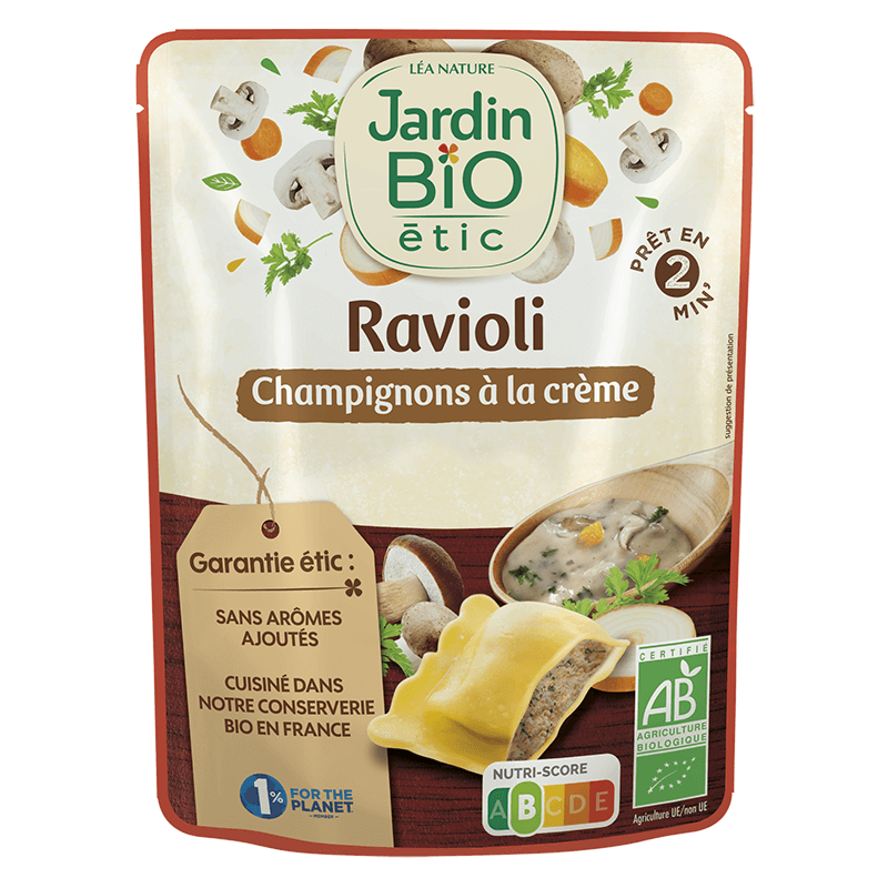 Organic mushroom ravioli in a cream sauce